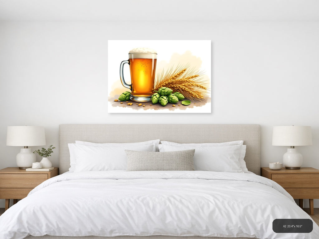 Beer, Hops & Barley Watercolor Illustration Wall Art — A2 / Bedroom