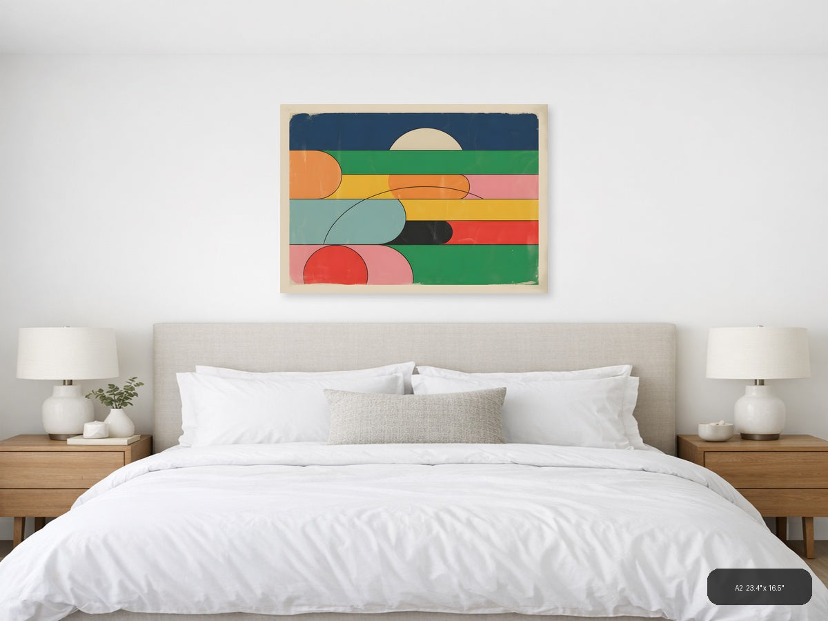 Vintage Retro Geometric Landscape with Layered Circles Wall Art — A2 / Bedroom