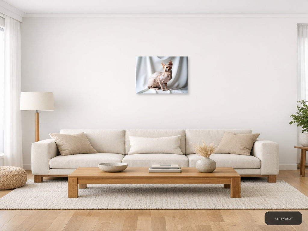 Minimalist Hairless Cat Portrait Landscape Wall Art — A4 / Living Room