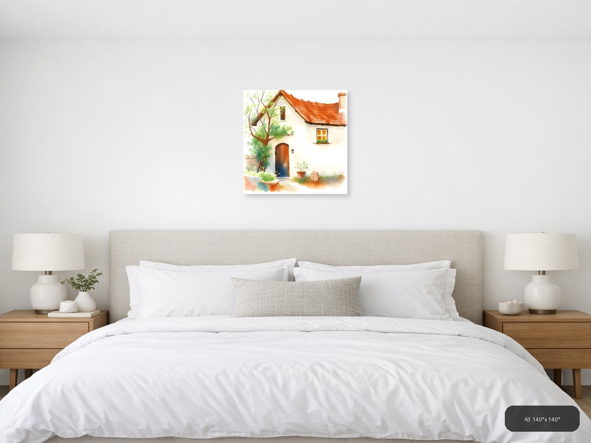 Cozy Cottage with Red Roof Watercolor Wall Art — A3 / Bedroom