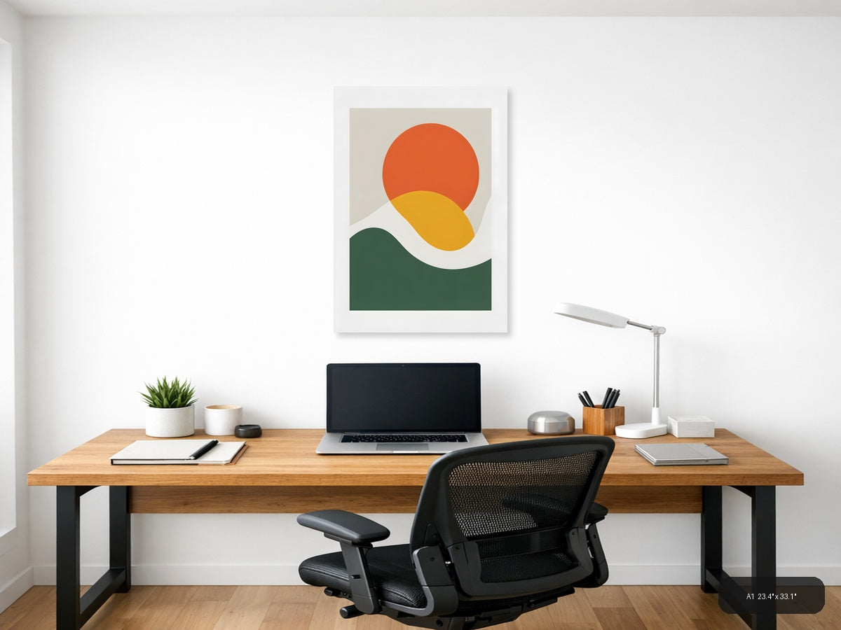 Minimalist Sunset Landscape with Circle and Wave Wall Art — A1 / Office