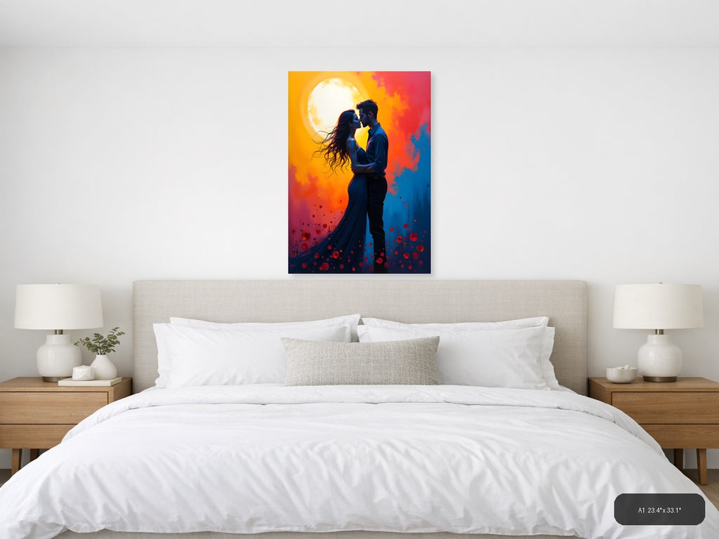 Romantic Couple Moon Silhouette Abstract Wall Art — A1 / Bedroom