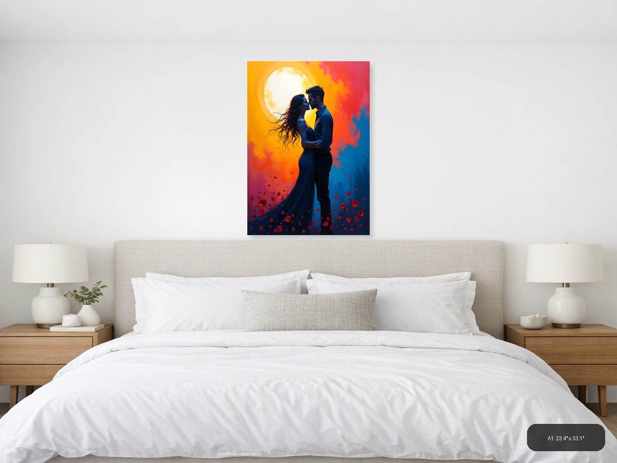 Romantic Couple Moon Silhouette Abstract Wall Art — A1 / Bedroom