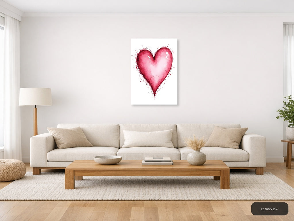 Pink Watercolor Heart with Line Art Splatter Wall Art — A2 / Living Room