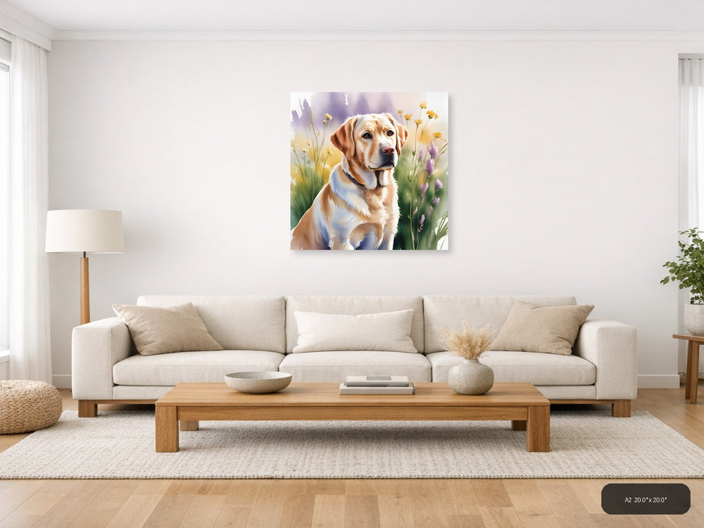 Brown and White Dog with Wildflowers Watercolor Wall Art — A2 / Living Room