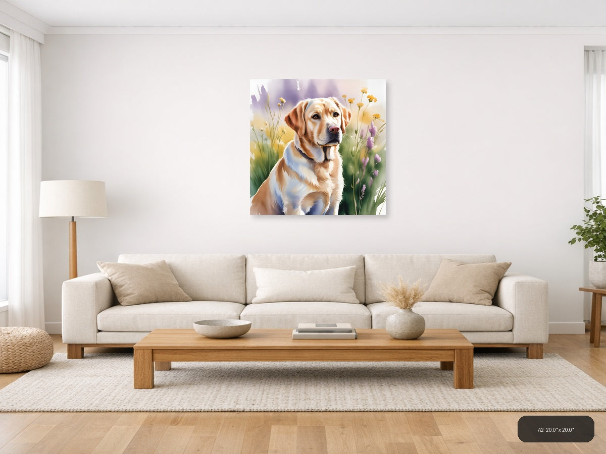 Brown and White Dog with Wildflowers Watercolor Wall Art — A2 / Living Room