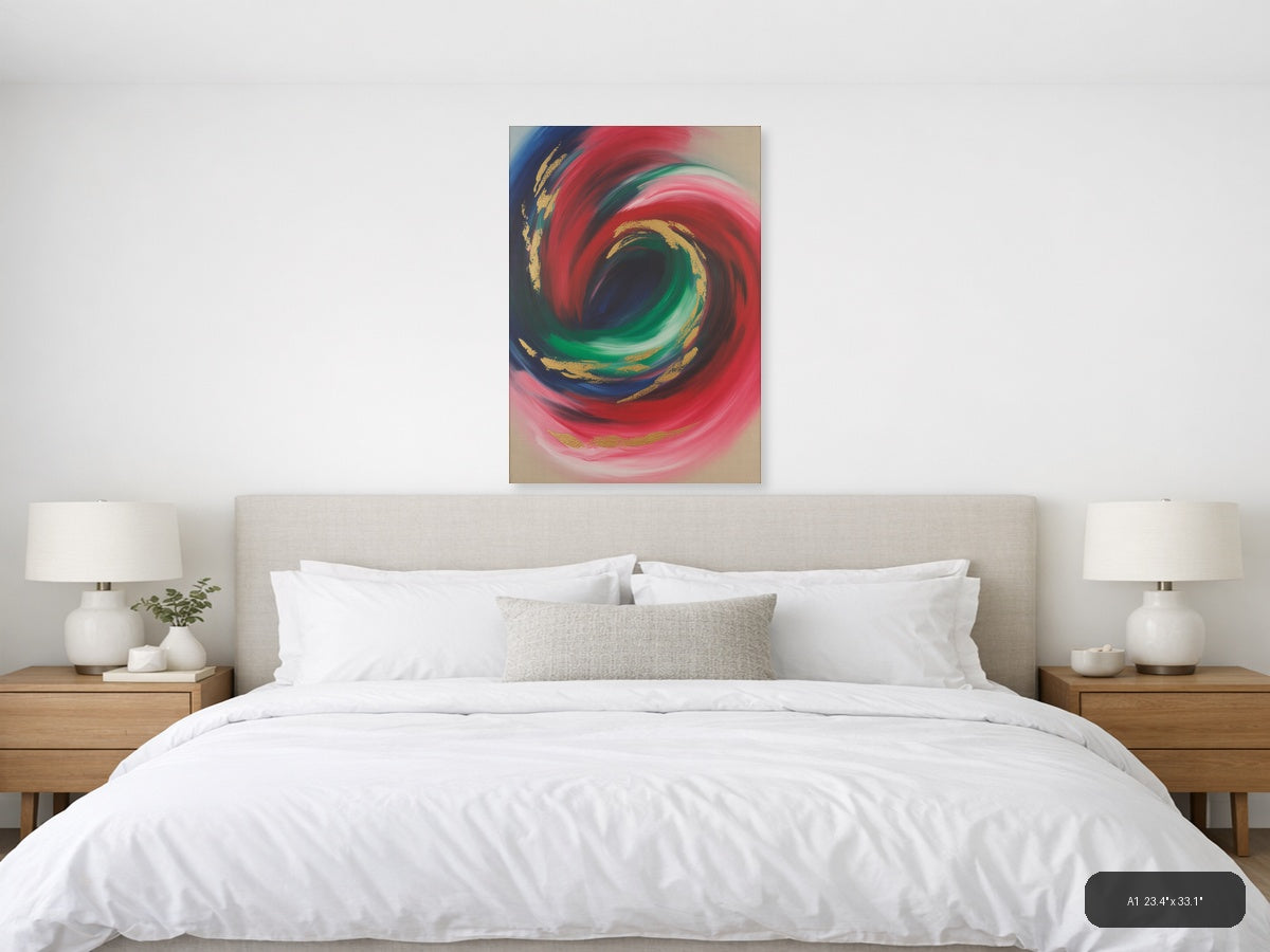 Red & Green Spiral Abstract with Gold Accents Wall Art — A1 / Bedroom