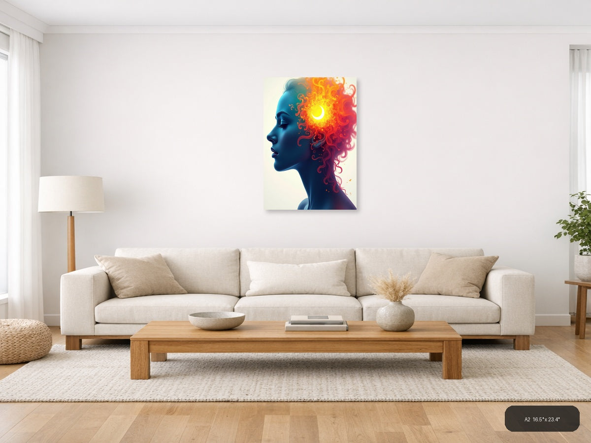 Blue Profile with Fiery Cosmic Energy Abstract Wall Art — A2 / Living Room
