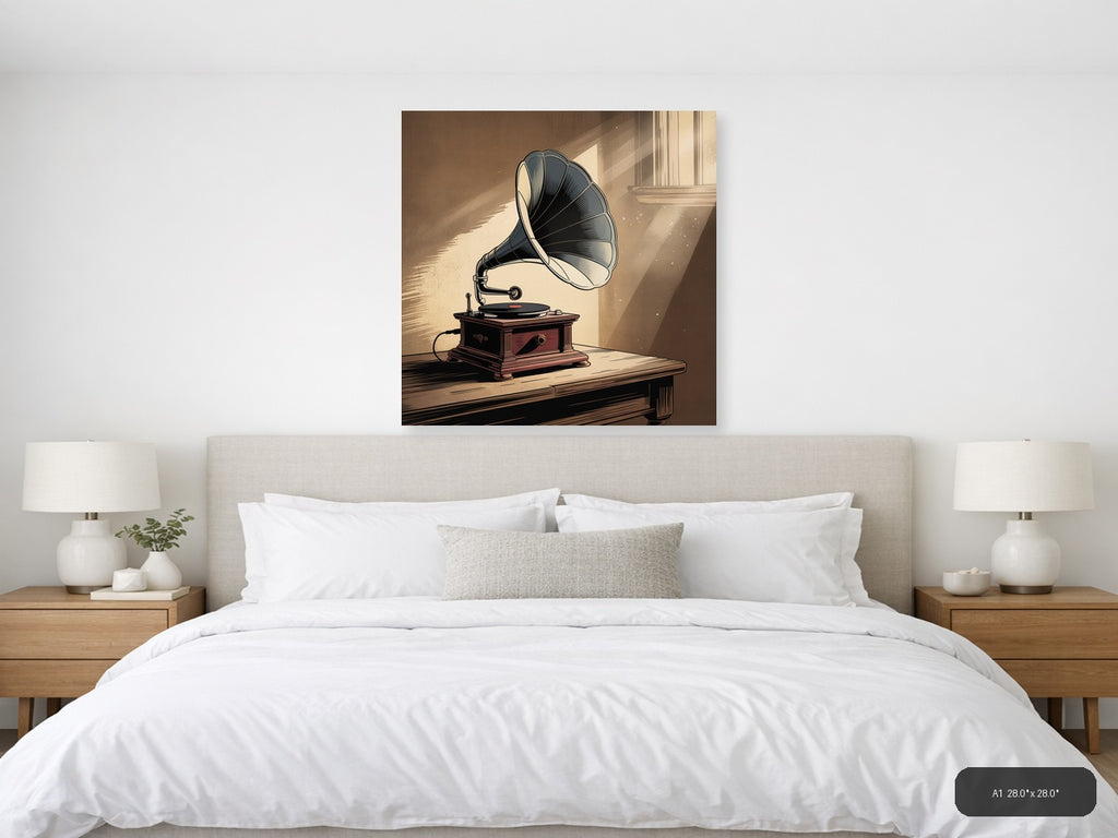 Vintage Gramophone with Sunlit Window Wall Art — A1 / Bedroom