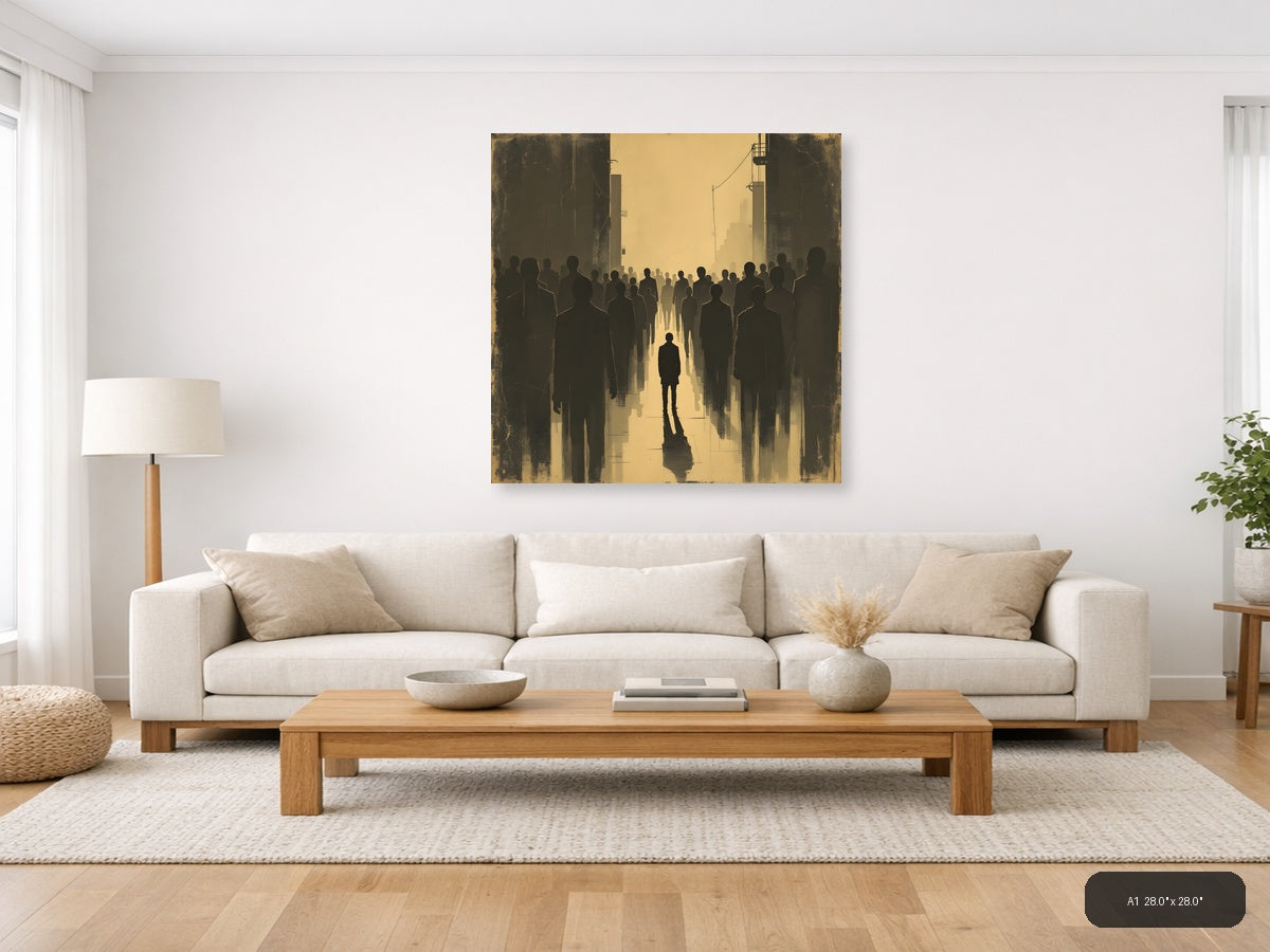 Solitary Figure in Urban Crowd Vintage Wall Art — A1 / Living Room