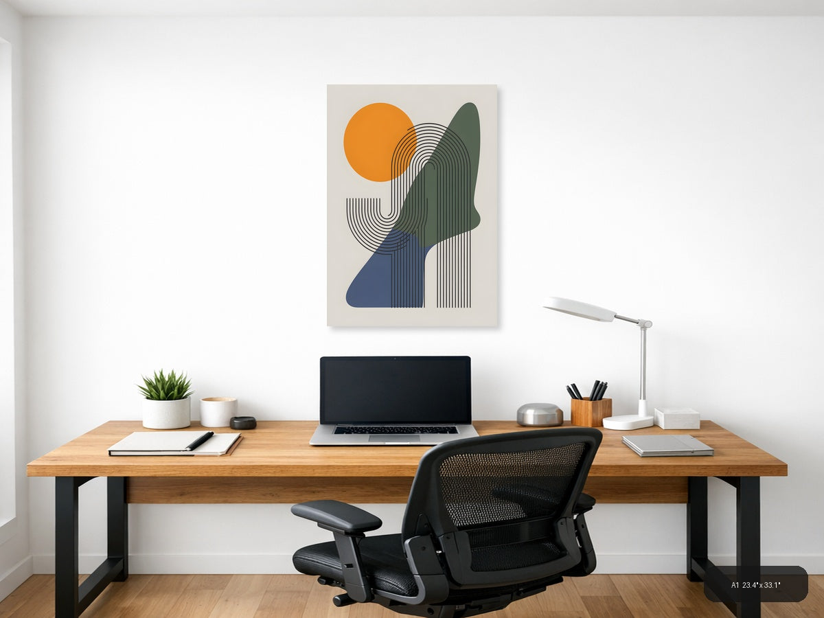 Abstract Line Art Portrait with Orange Sun Wall Art — A1 / Office