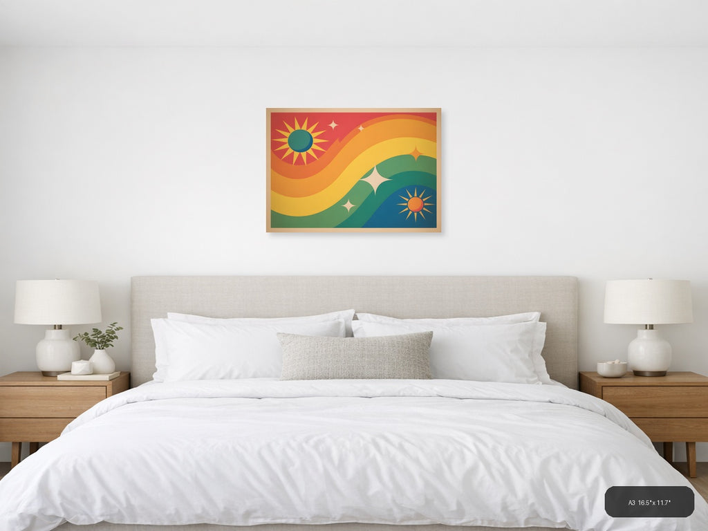 Vintage Sunset Landscape with Suns & Stars Wall Art — A3 / Bedroom