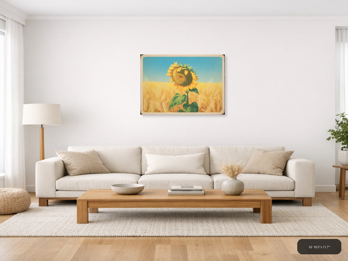 Vintage Sunflower in Wheat Field Landscape Wall Art — A3 / Living Room