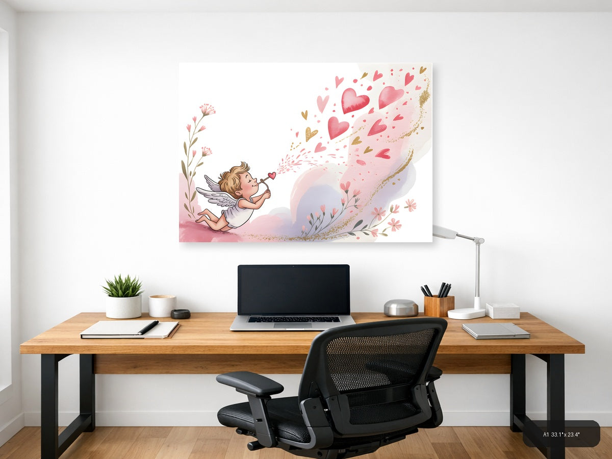 Cupid Blowing Hearts Watercolor Landscape Wall Art — A1 / Office