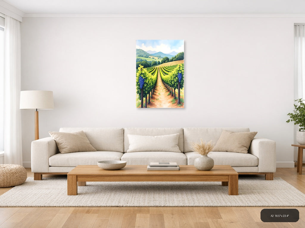 Vineyard Landscape Watercolor Wine Country Wall Art — A2 / Living Room