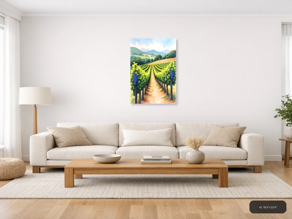 Vineyard Landscape Watercolor Wine Country Wall Art — A2 / Living Room