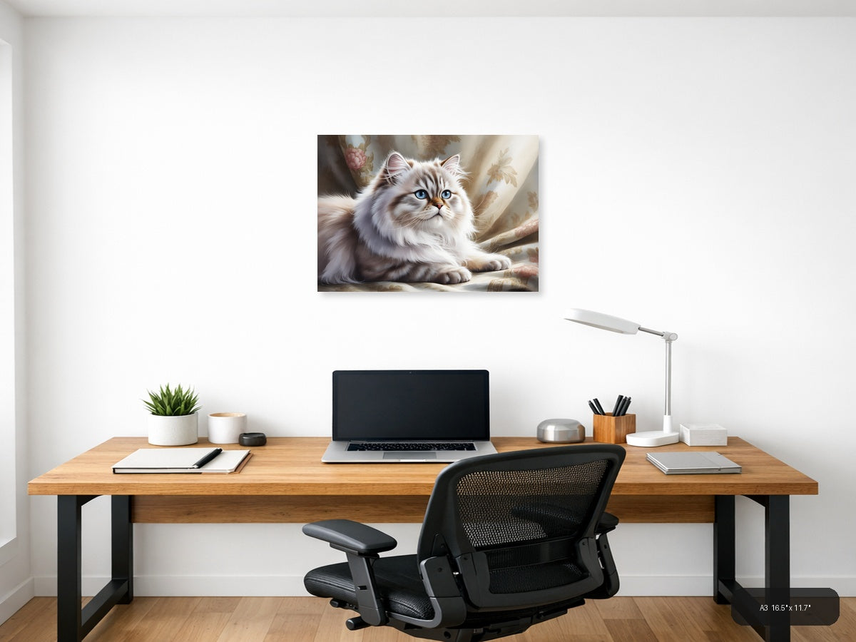 White Persian Cat with Blue Eyes Watercolor Wall Art — A3 / Office