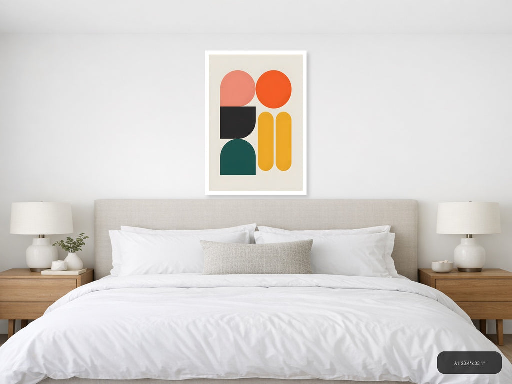 Minimalist Geometric Shapes in Coral, Orange & Teal Wall Art — A1 / Bedroom