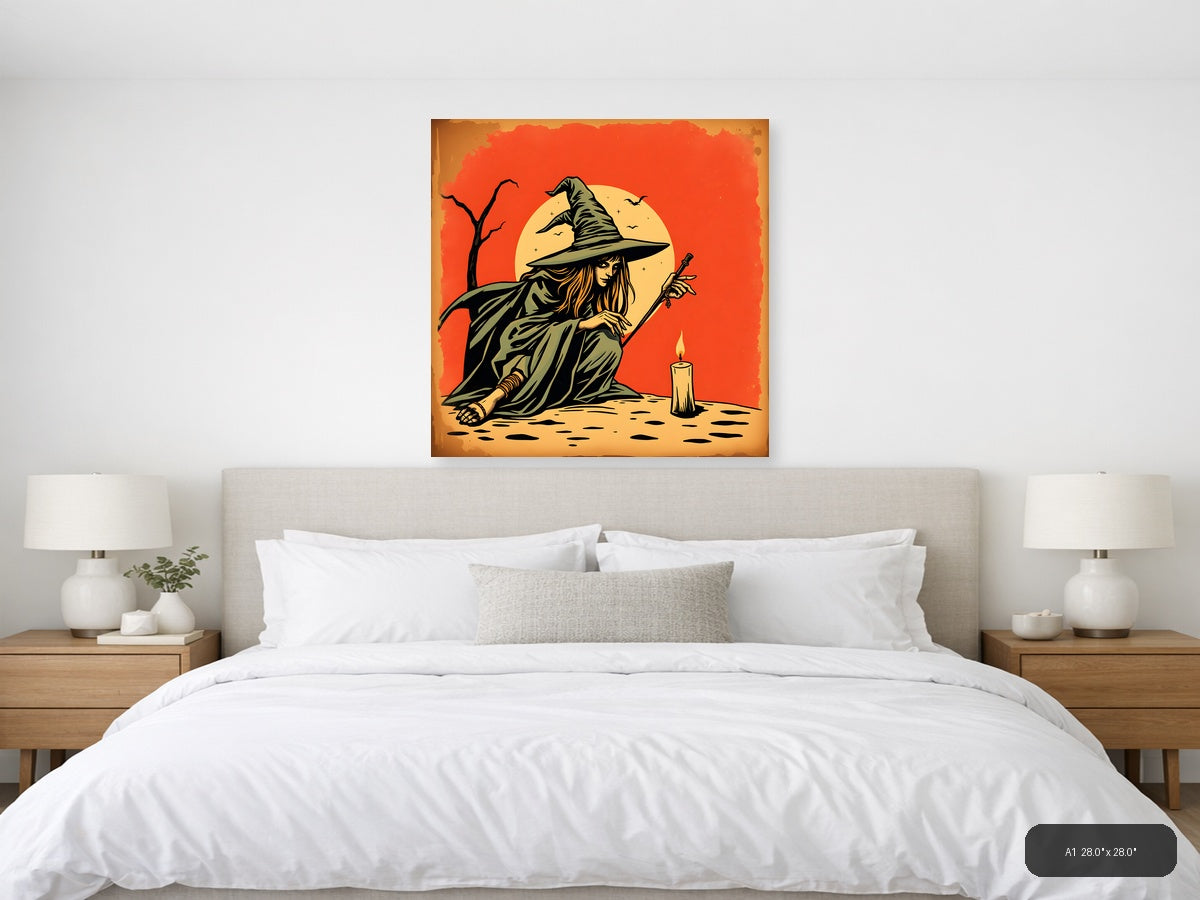 Vintage Witch with Broomstick Moon Wall Art — A1 / Bedroom