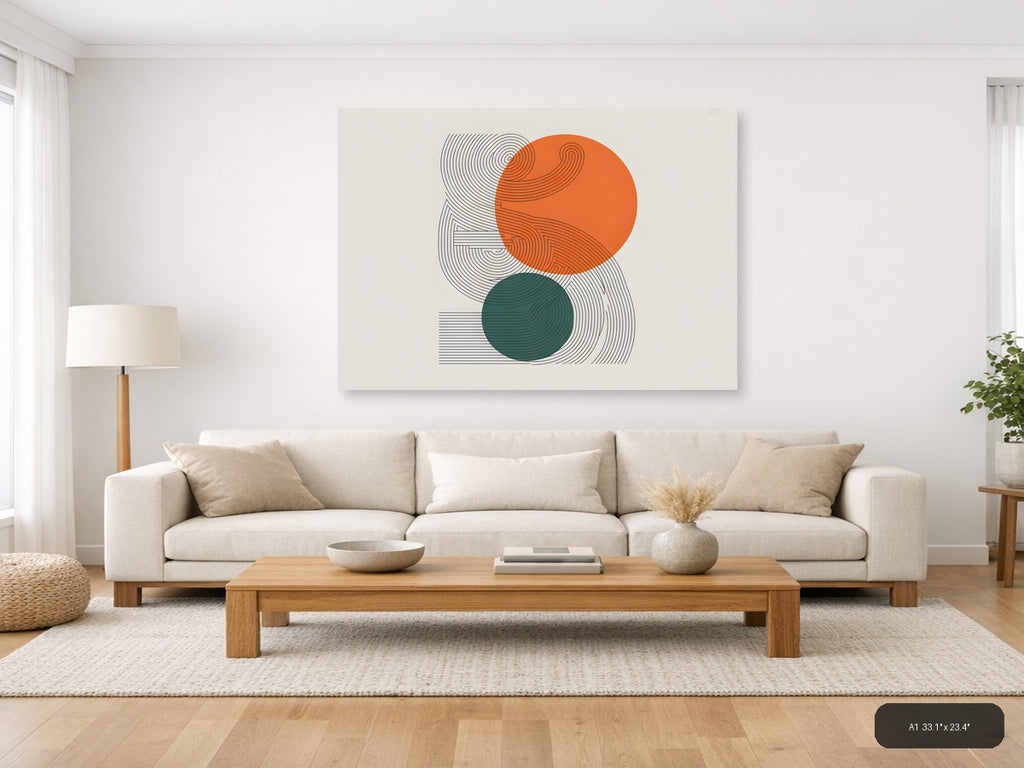 Abstract Line Art with Orange and Teal Circles Wall Art — A1 / Living Room