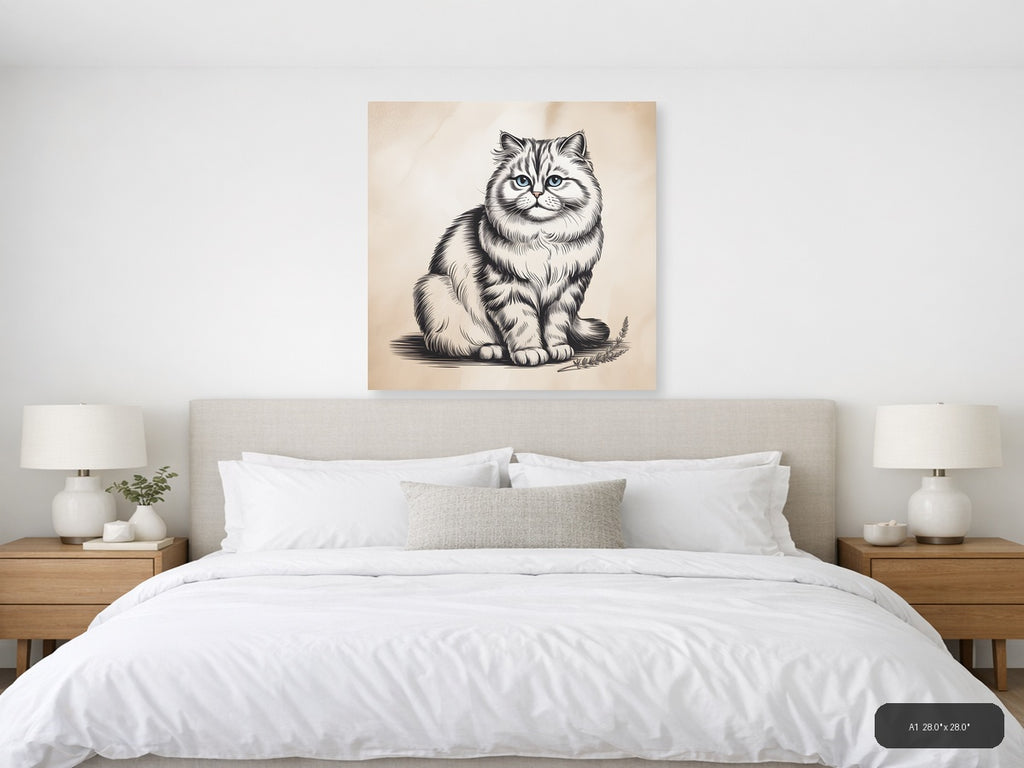 Fluffy Cat with Blue Eyes Line Art Wall Art — A1 / Bedroom