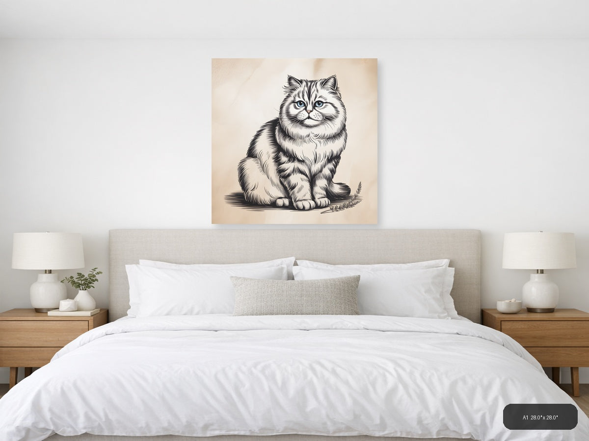 Fluffy Cat with Blue Eyes Line Art Wall Art — A1 / Bedroom