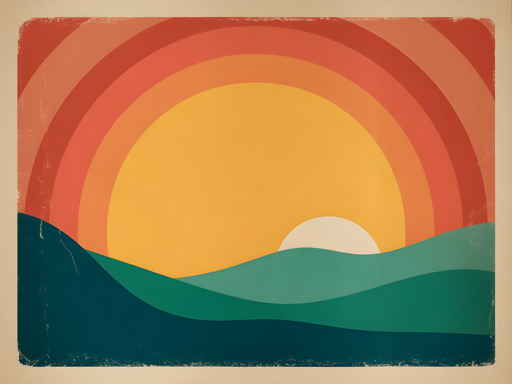 Vintage Retro Sunset Landscape Illustration Wall Art