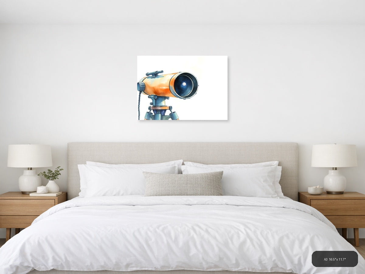 Vintage Telescope Watercolor Illustration Wall Art — A3 / Bedroom