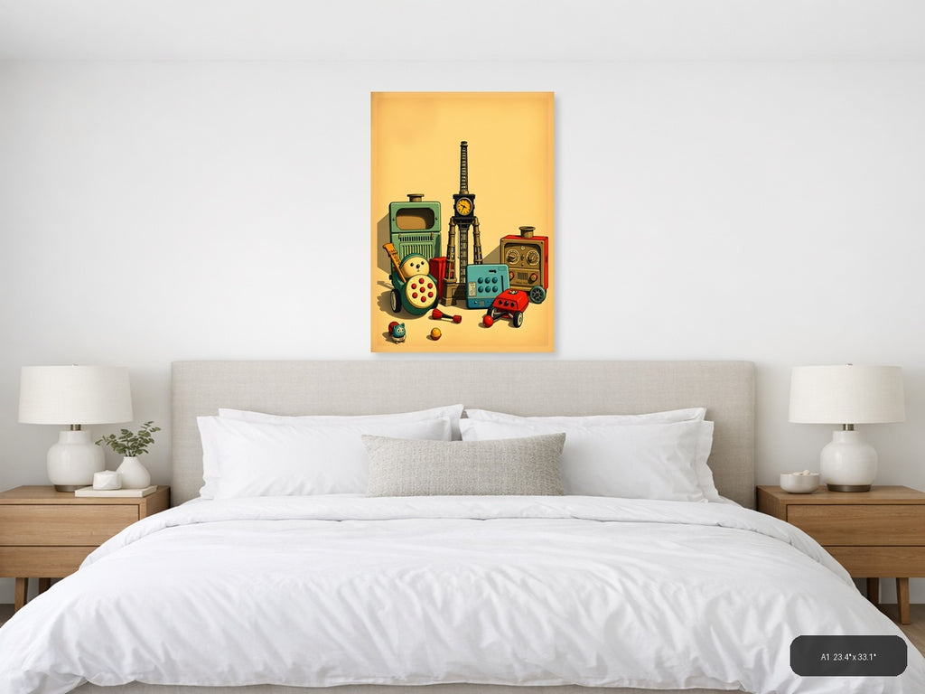 Vintage Toys & Clock Tower Retro Illustration Wall Art — A1 / Bedroom