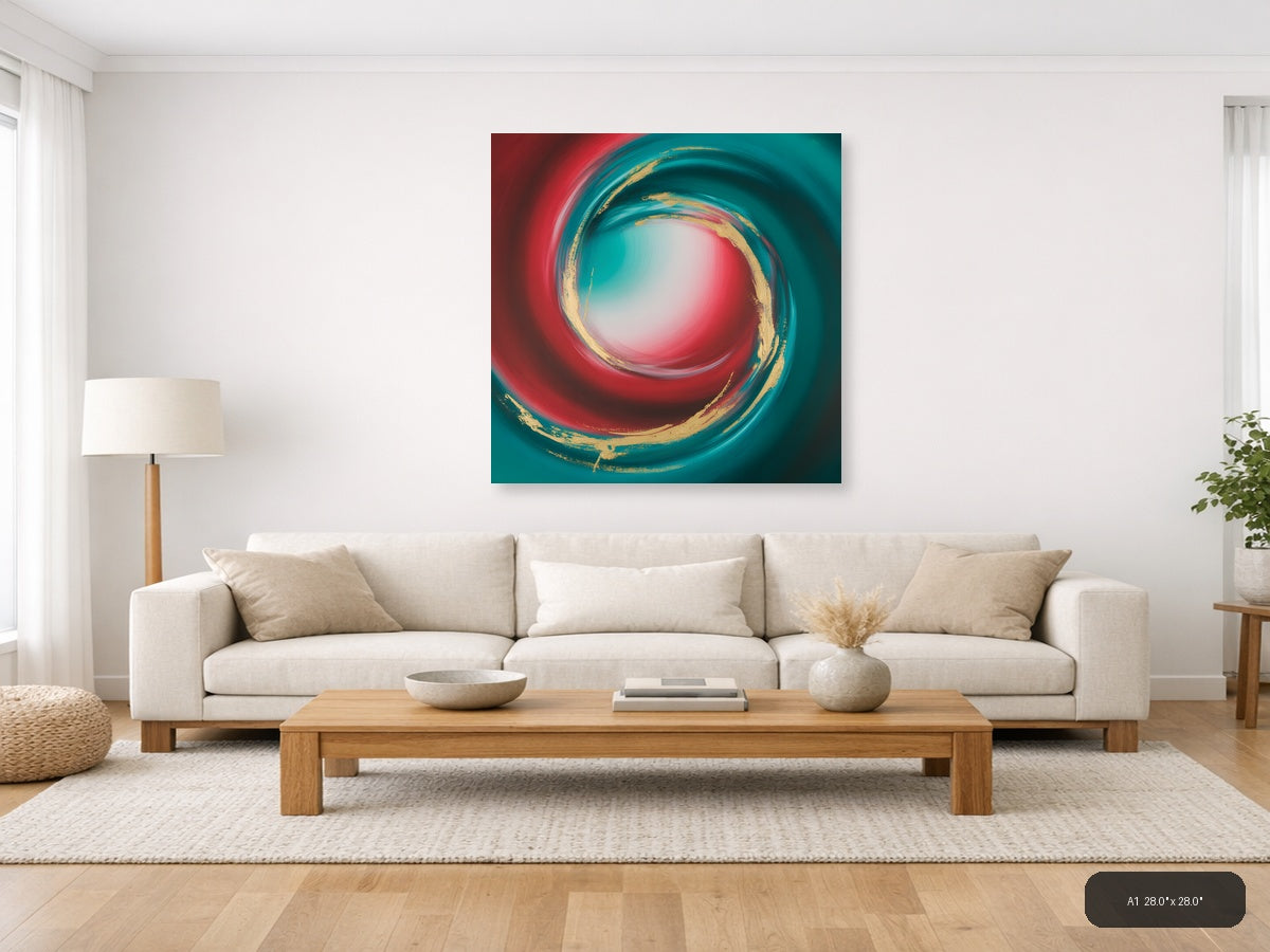 Teal Red Gold Spiral Abstract Modern Wall Art — A1 / Living Room