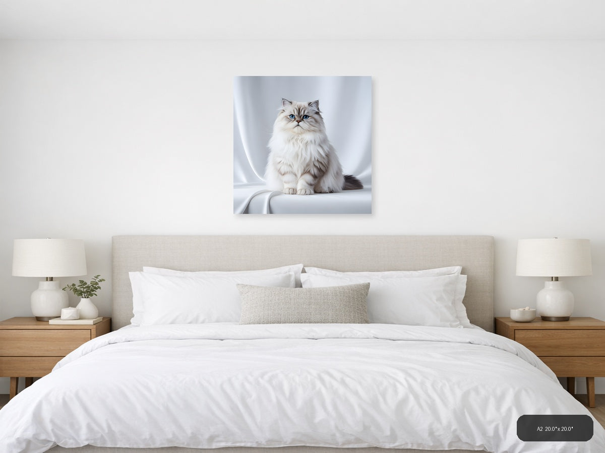 Minimalist White Persian Cat Blue Eyes Square Wall Art — A2 / Bedroom