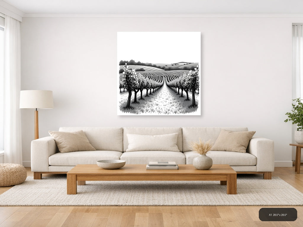 Vineyard Rows Line Art - Monochrome Landscape Wall Art — A1 / Living Room