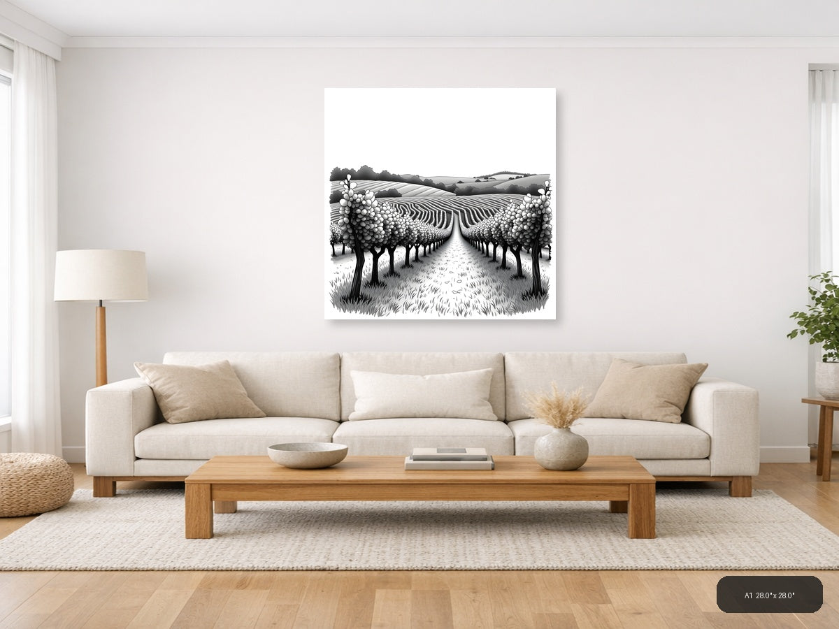 Vineyard Rows Line Art - Monochrome Landscape Wall Art — A1 / Living Room
