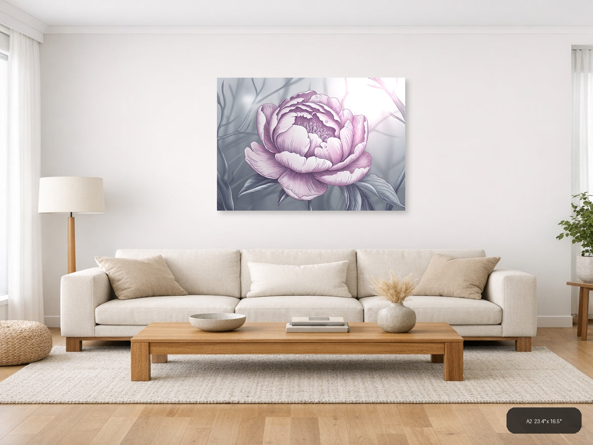 Pink Peony Line Art Illustration Wall Art — A2 / Living Room