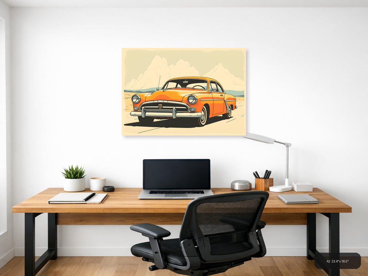Orange Vintage Car Desert Mountain Landscape Wall Art — A2 / Office