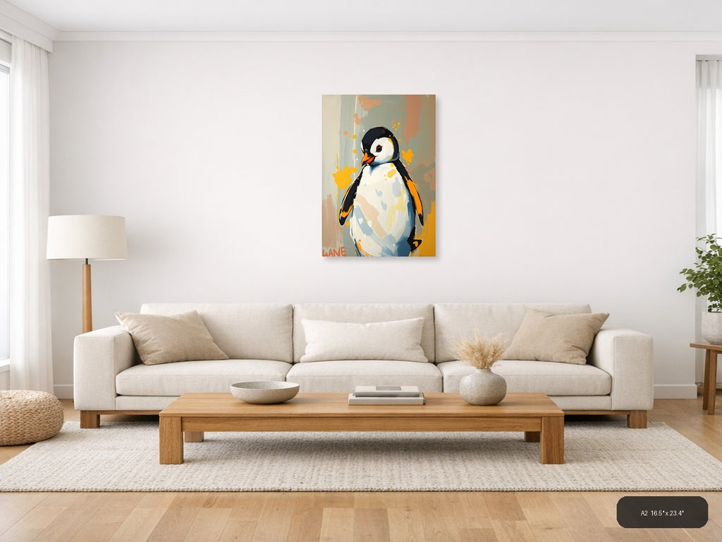 Abstract Penguin Portrait with Orange Splashes Wall Art — A2 / Living Room