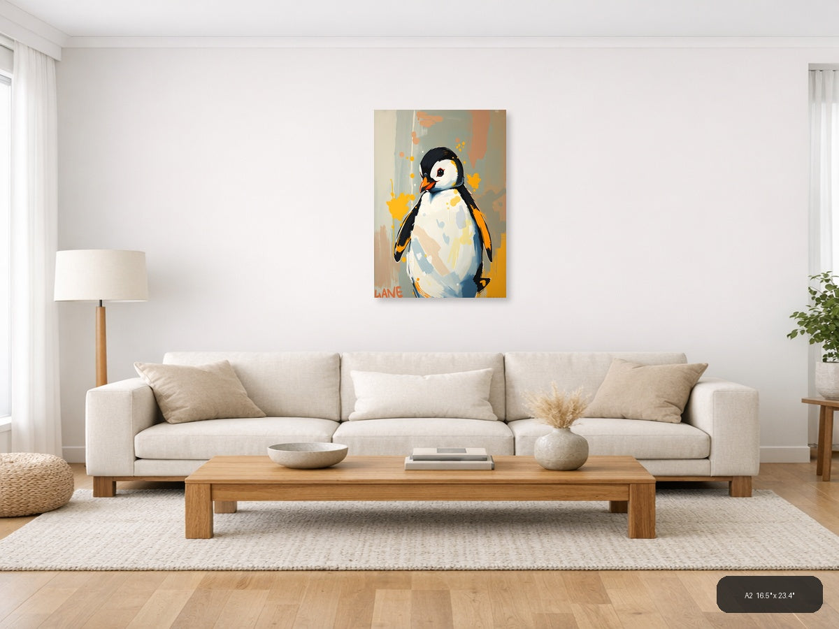 Abstract Penguin Portrait with Orange Splashes Wall Art — A2 / Living Room