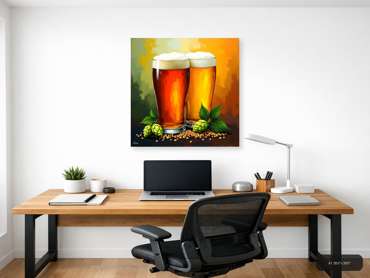 Two Beer Glasses with Hops Abstract Wall Art — A1 / Office
