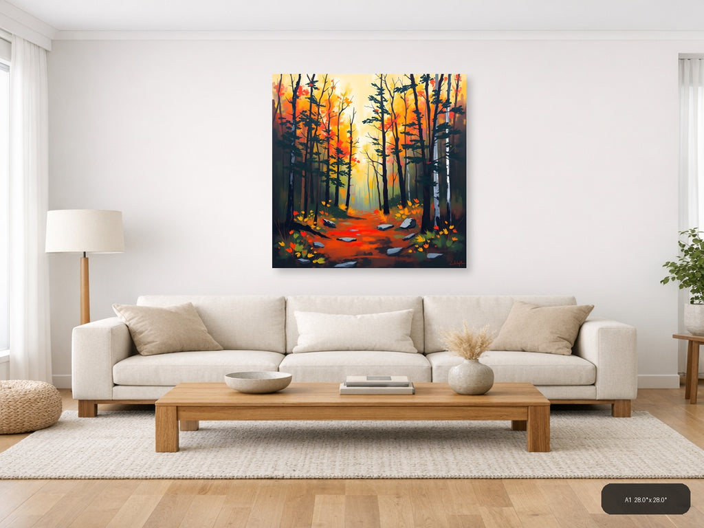 Autumn Forest Path Abstract Orange Wall Art — A1 / Living Room