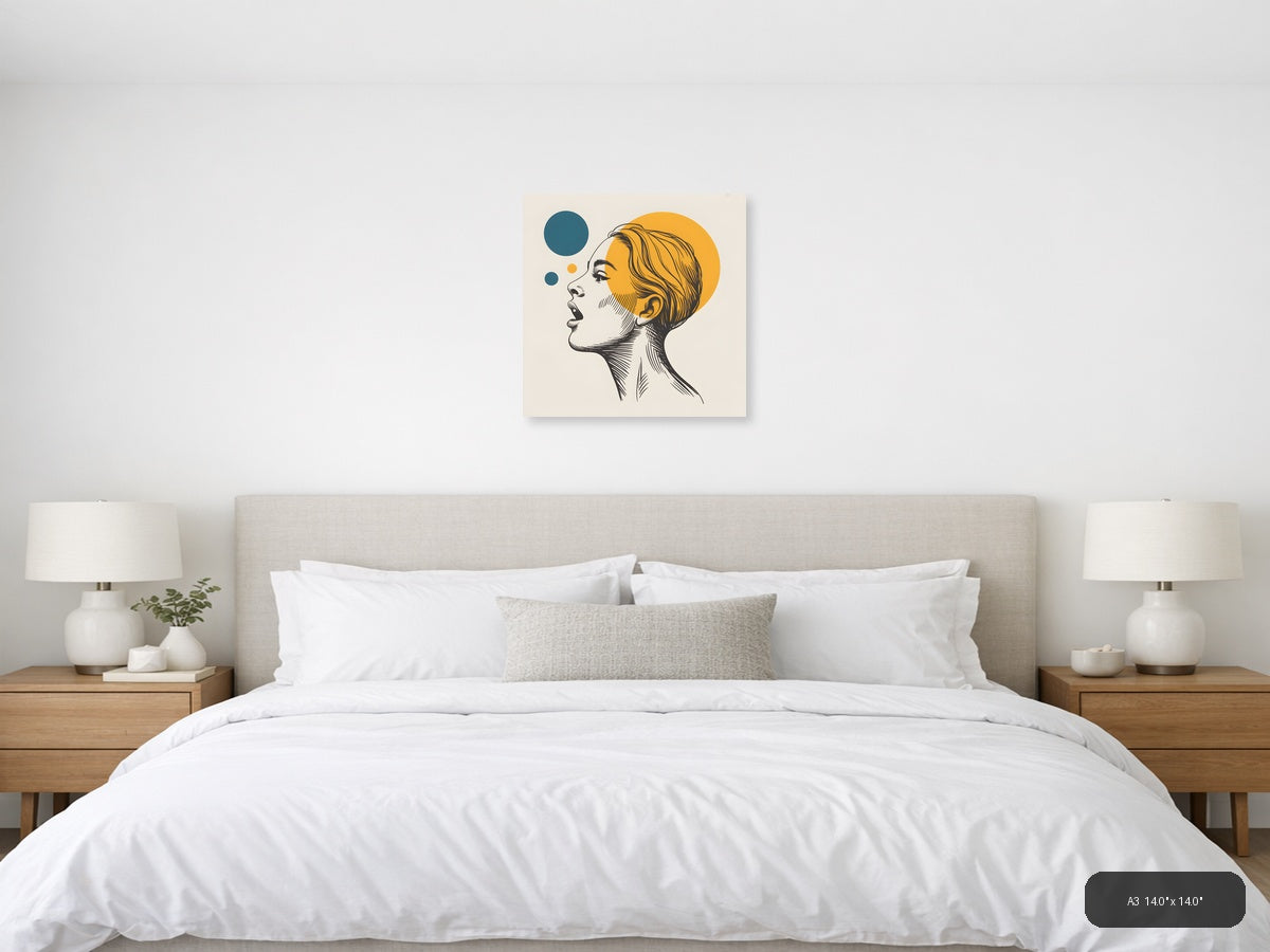 Modern Line Art Portrait with Yellow Circle Wall Art — A3 / Bedroom