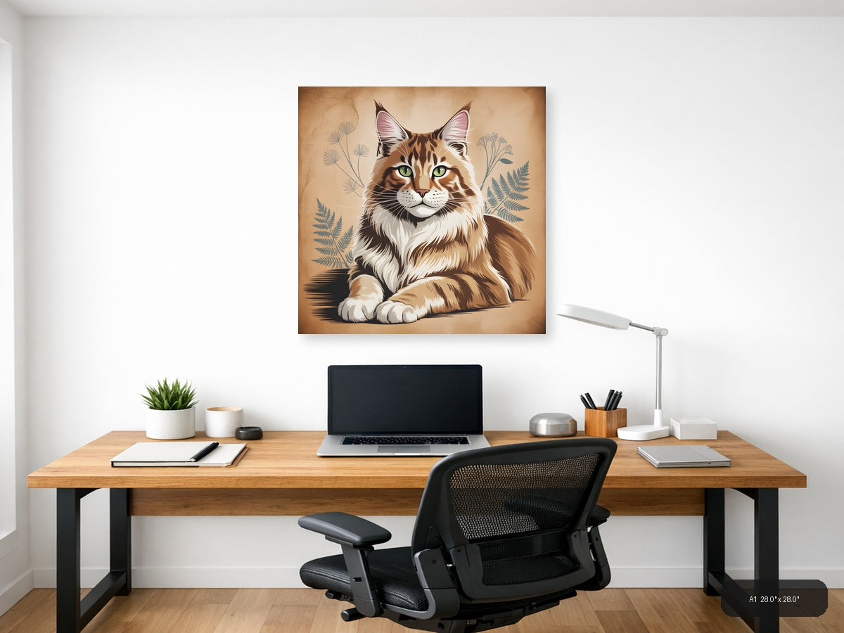 Maine Coon Cat with Botanical Plants Vintage Wall Art — A1 / Office