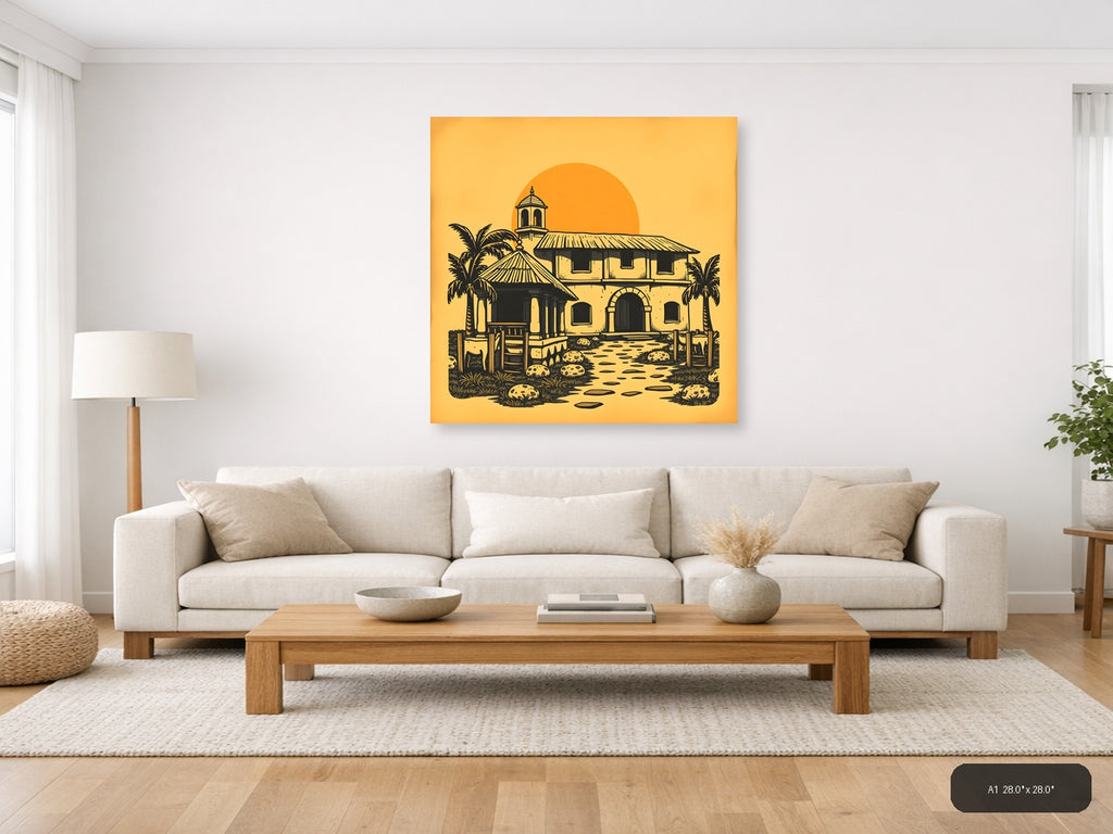 Vintage Desert Mission Church with Palm Trees Wall Art — A1 / Living Room
