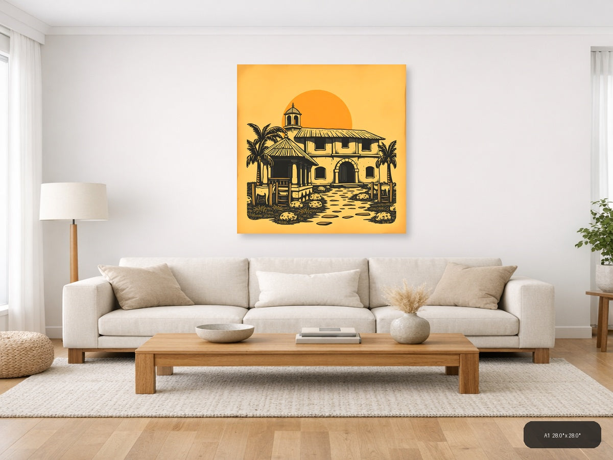Vintage Desert Mission Church with Palm Trees Wall Art — A1 / Living Room