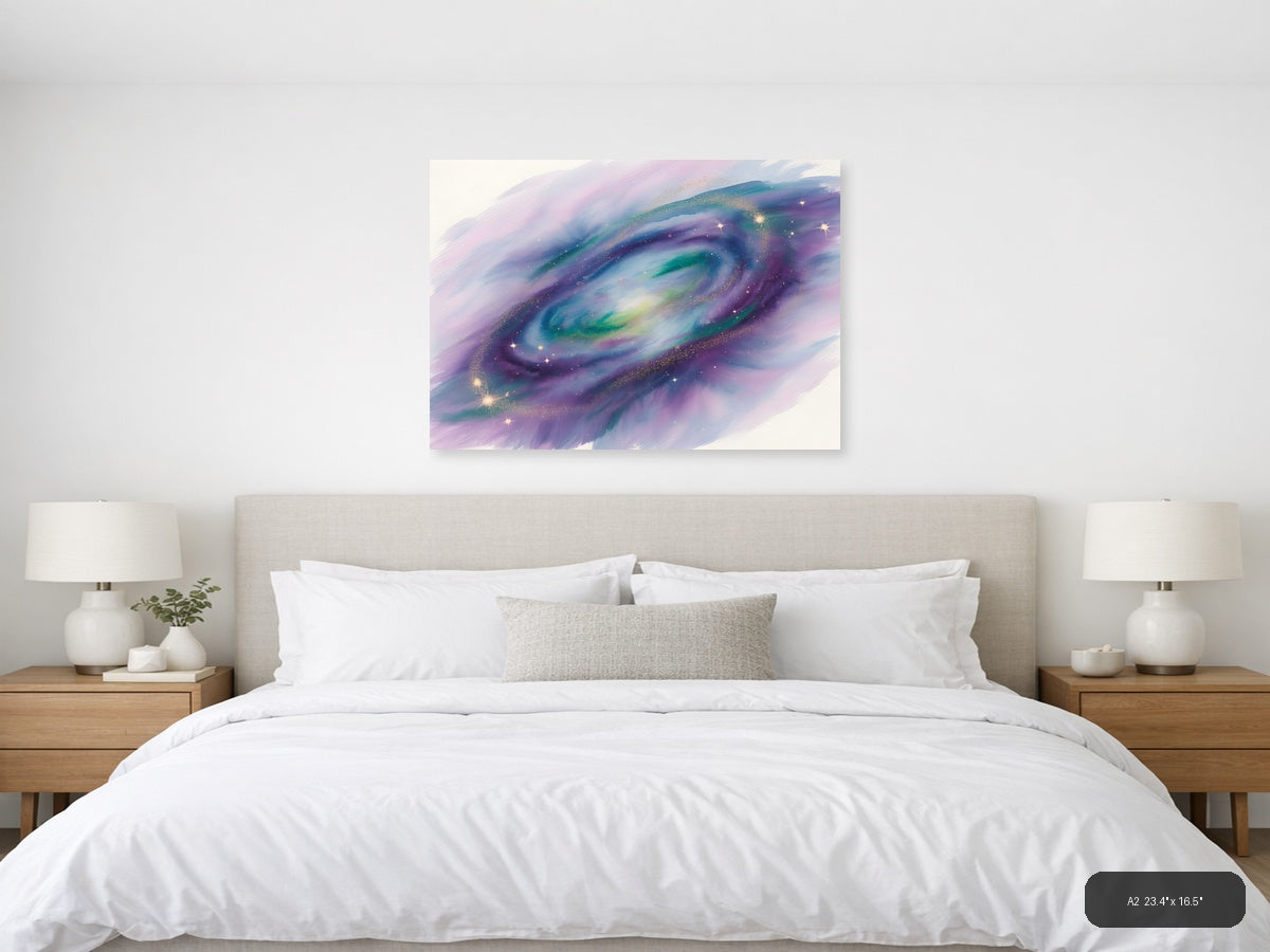 Cosmic Galaxy Watercolor Swirl Purple Green Wall Art — A2 / Bedroom