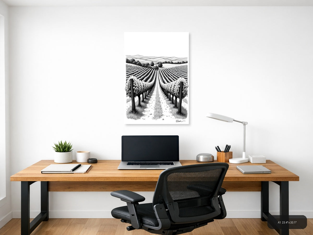 Vineyard Landscape Line Art - Monochrome Wine Country Wall Art — A1 / Office