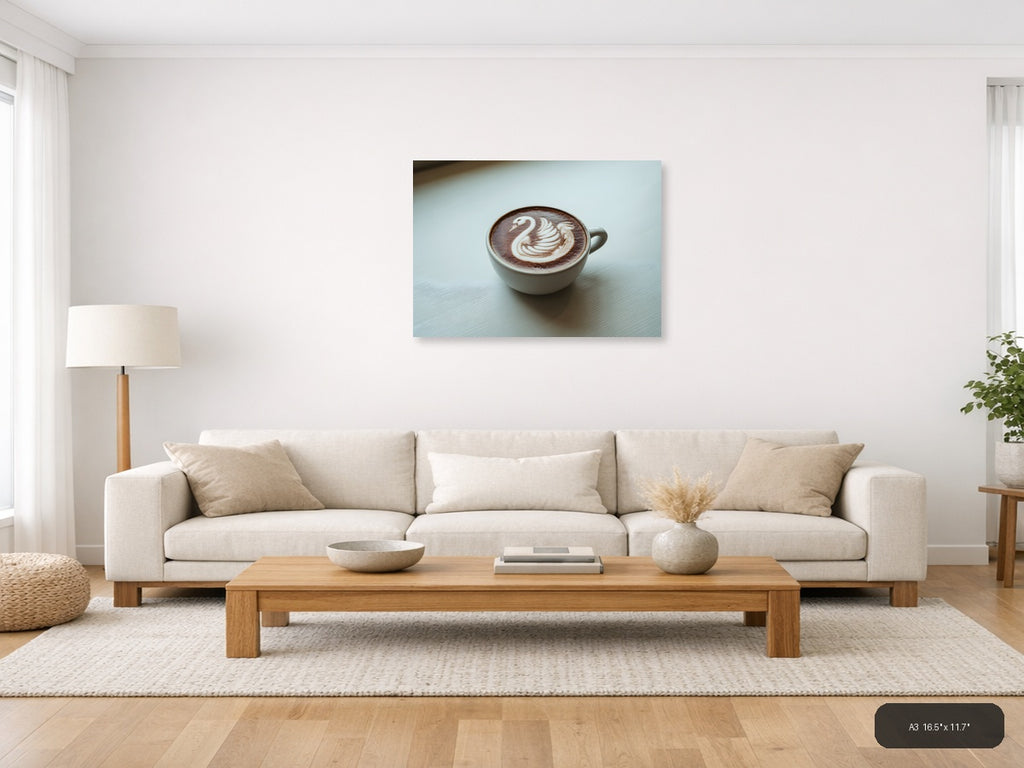 Minimalist Swan Latte Art Coffee Cup Wall Art — A3 / Living Room