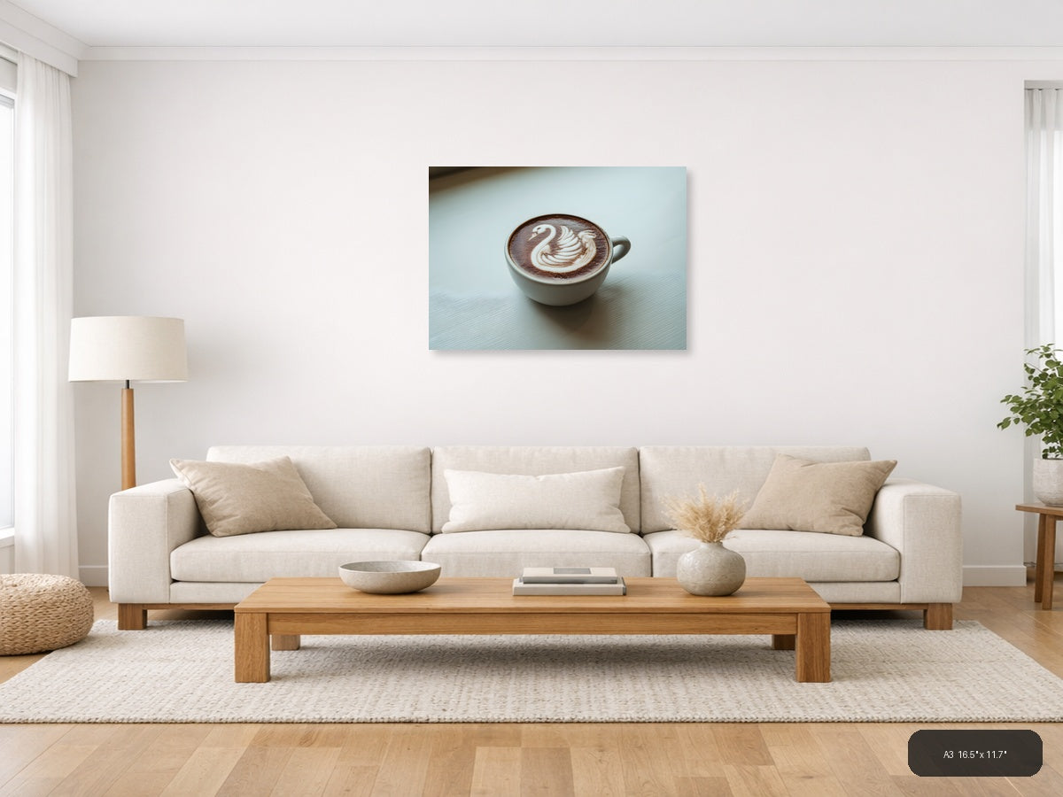 Swan Latte Art Minimalist Coffee Wall Art — A3 / Living Room