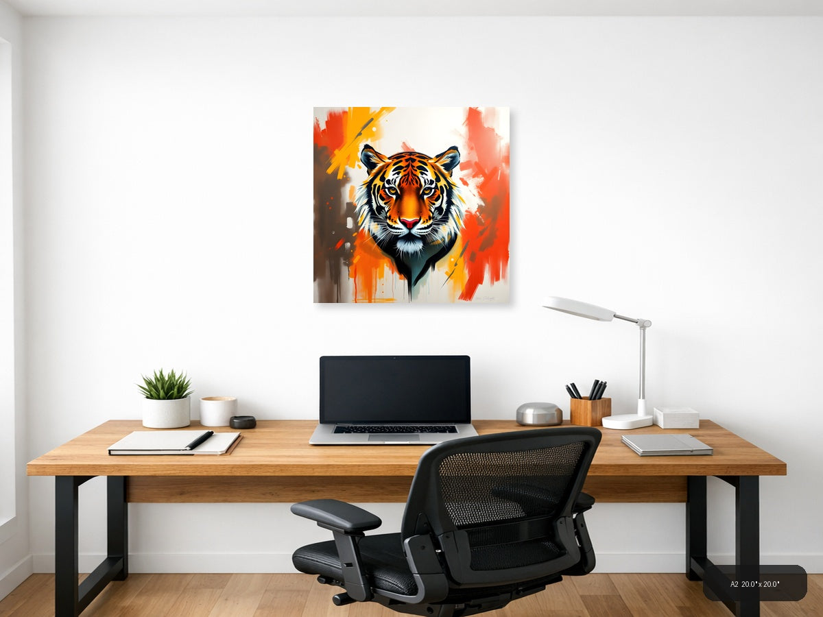 Abstract Tiger Head Orange Splash Modern Wall Art — A2 / Office