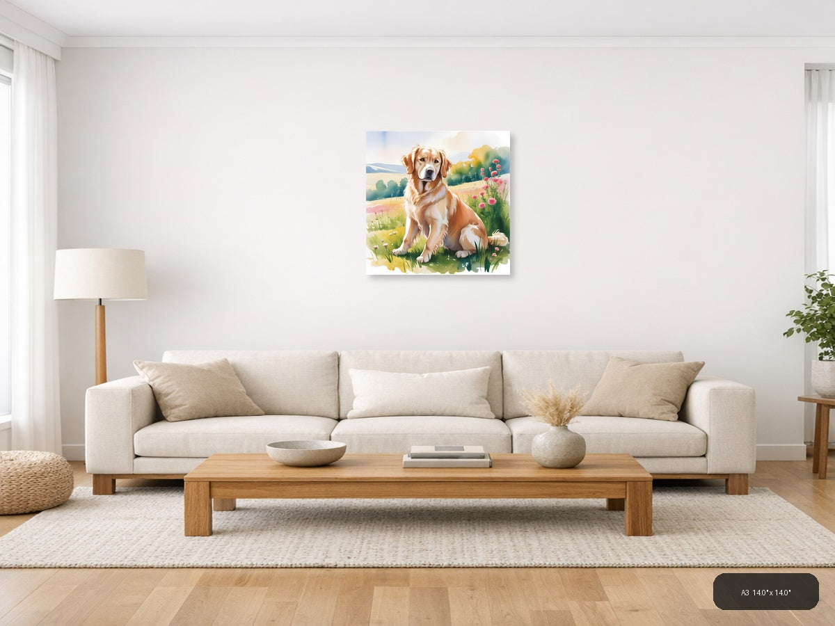 Brown and White Dog in Wildflower Meadow Watercolor Wall Art — A3 / Living Room