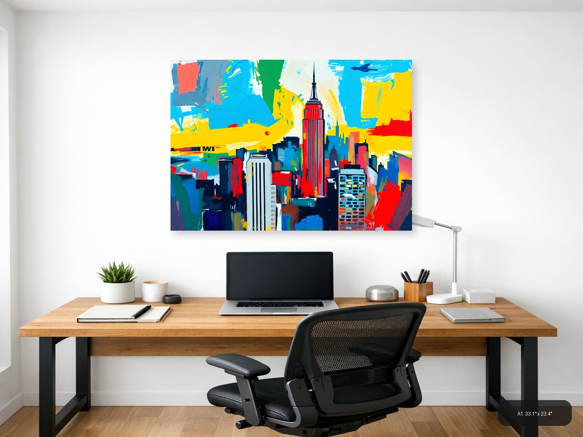 Vibrant Abstract NYC Skyline with Empire State Building Wall Art — A1 / Office